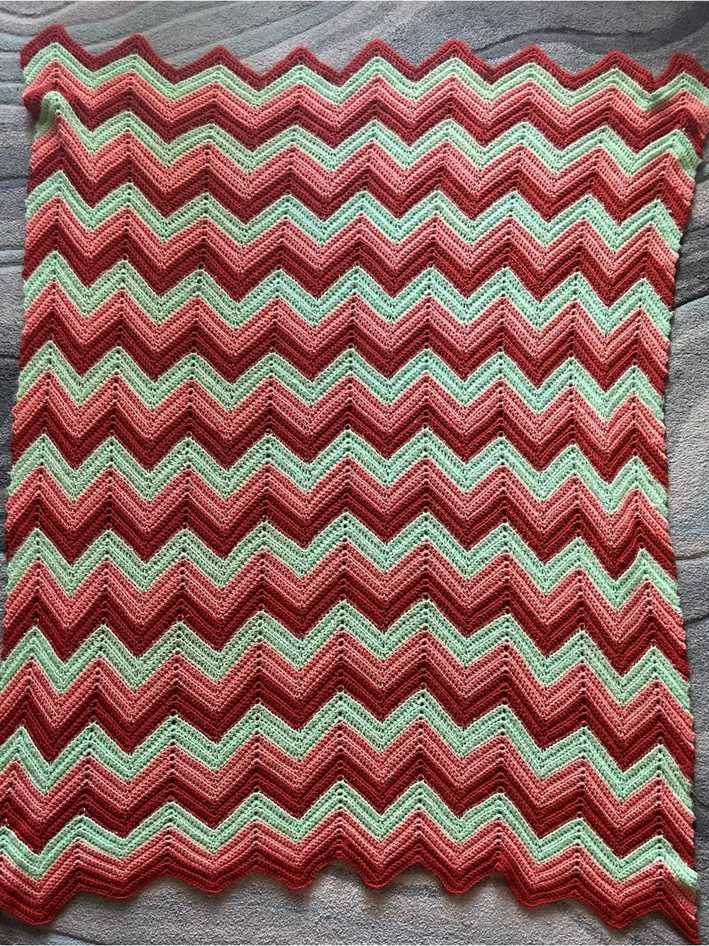 Vintage Handmade Chevron Knit afghan Throw Blanket - Green & Coral